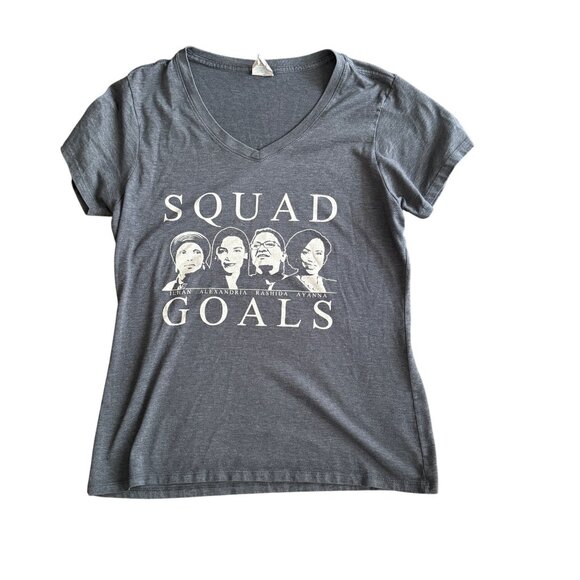 Squad Goals Womens Charcoal Gray V-Neck T-Shirt Featuring Iconic Political Figur - Picture 1 of 4